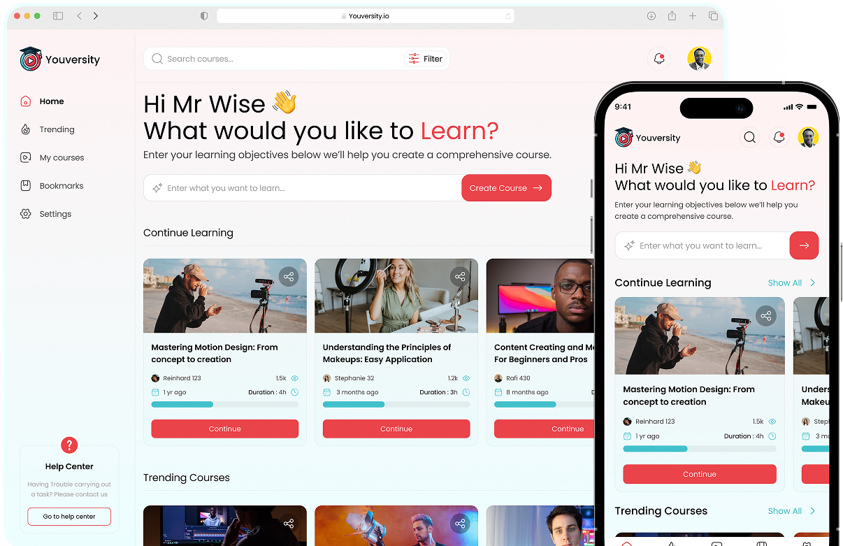 Youversity platform interface - light mode